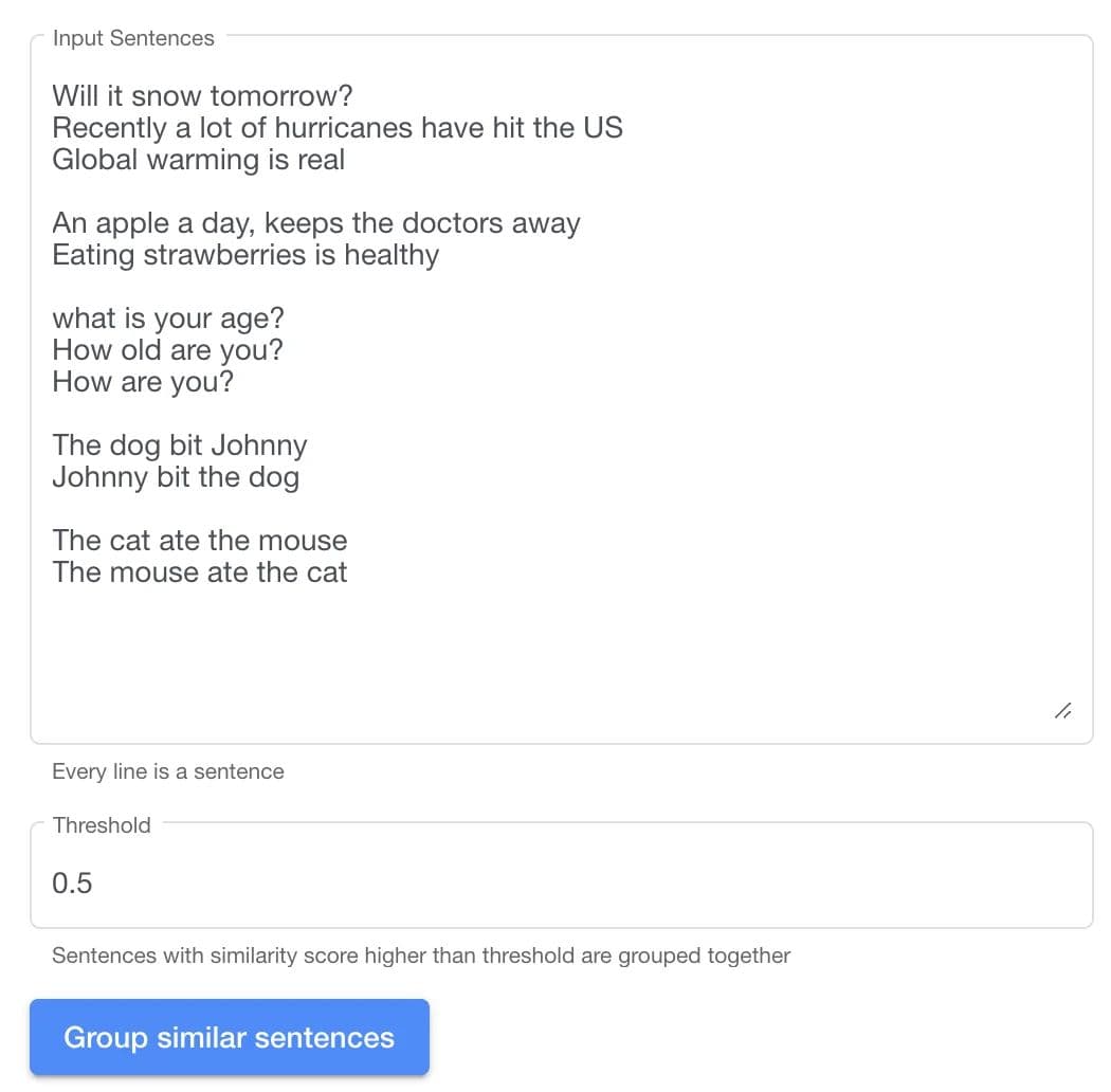 Input a list of sentences for semantic similarity [