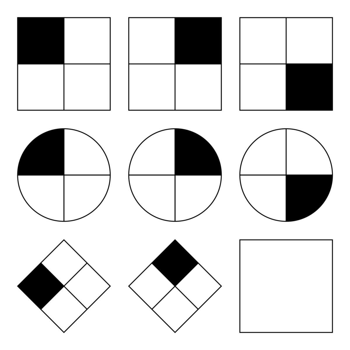 An IQ test item in the style of a Raven’s Progressive Matrices test. Given
eight patterns, the subject must identify the missing ninth pattern. [source:
