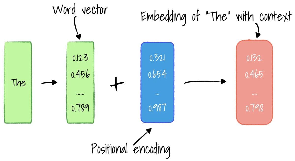 Word embedding and positional encoding produce word vector with context.